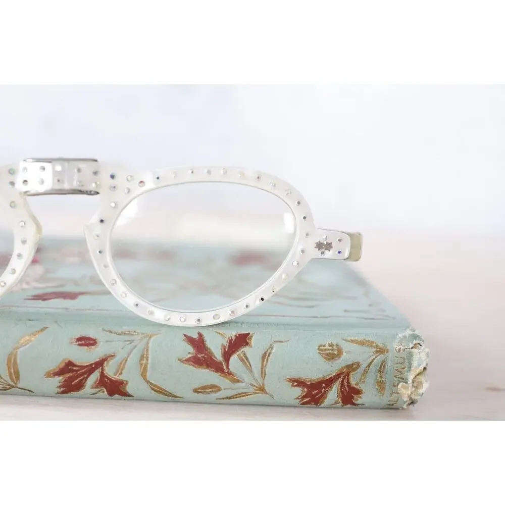 VTG Folding Cat Eye Eyeglasses Rhinestones Mother of Pearl France PARTS REPAIR